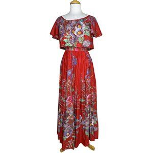 Vintage 70s Red Floral Maxi Length Dress, Empire Waist, Rona Brand, Size 10